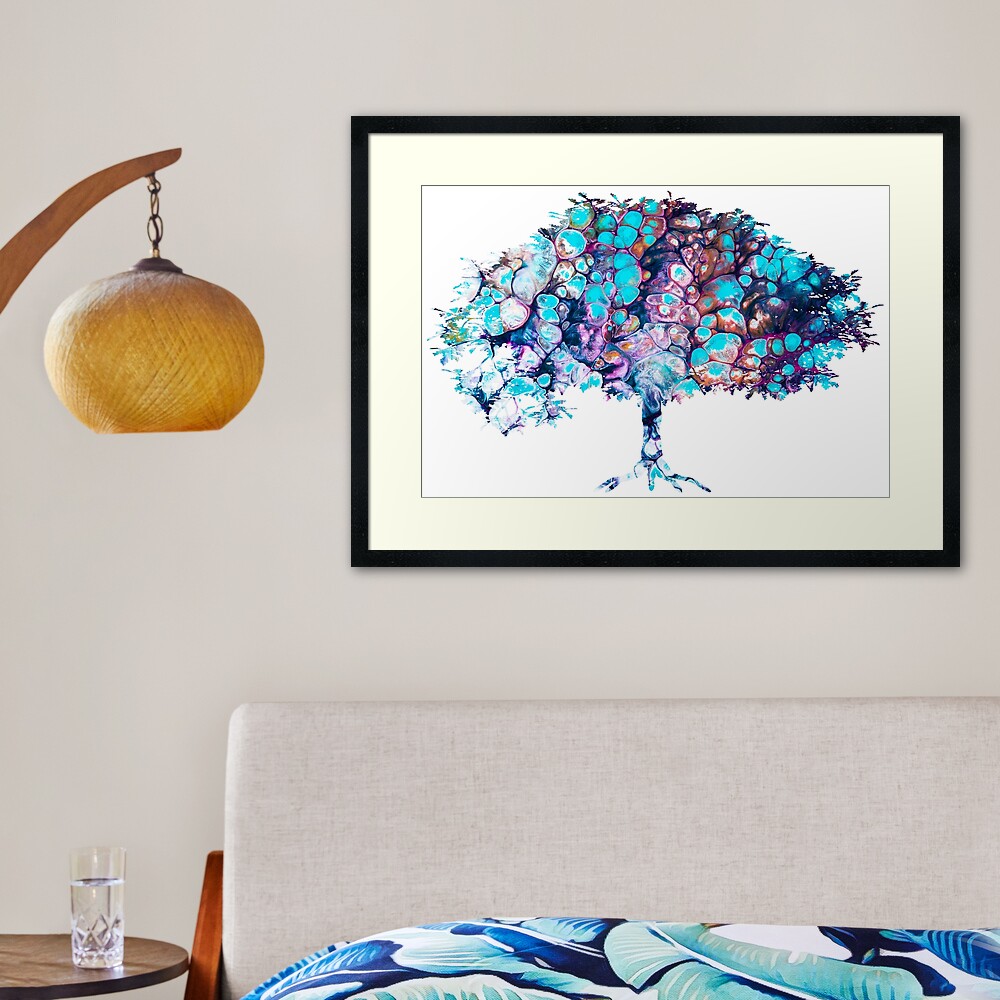 Framed art abstract teal and purple blooming tree