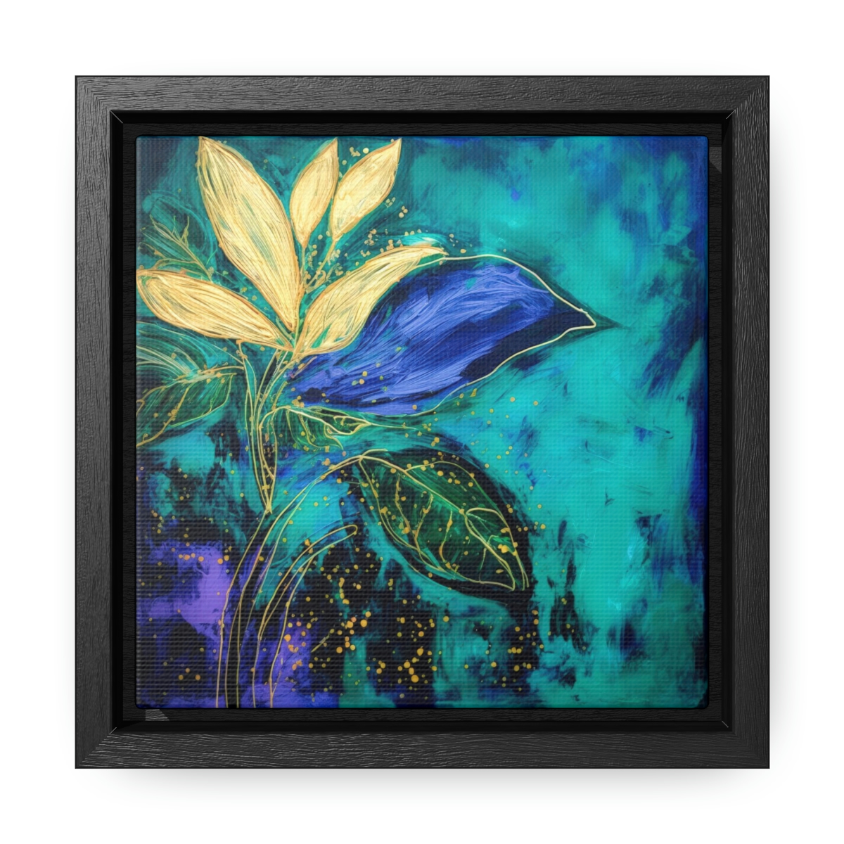 Emerald Green & Purple Abstract Botanical Painting, Heavy Acrylic Texture, Abstract Golden Leaves, Dark and Moody, Framed Gallery Canvas Wraps