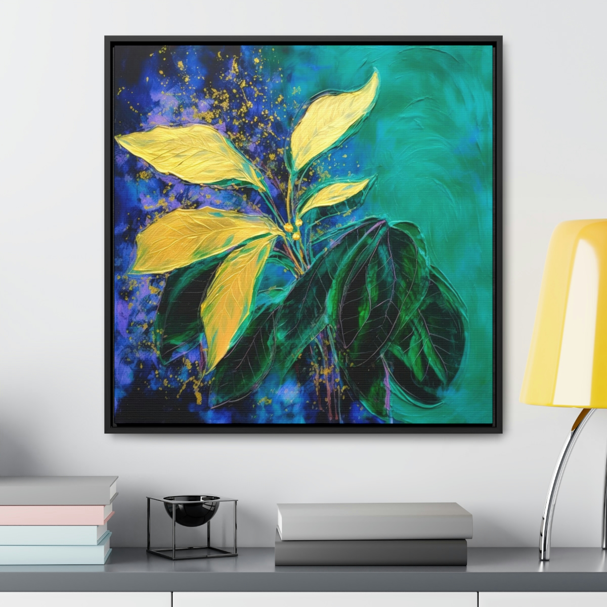 Emerald Green & Purple Abstract Botanical Painting, Heavy Acrylic Texture, Abstract Golden Leaves, Dark and Moody, Framed Gallery Canvas Wraps