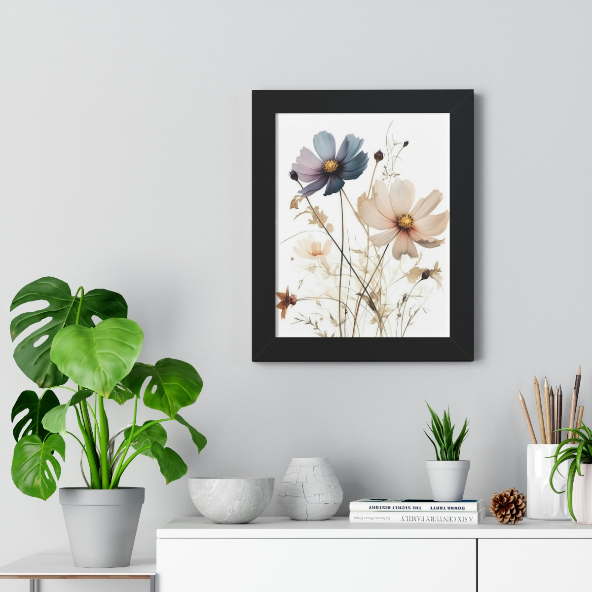 Wild Flower Framed Print | Flowermarket Watercolor Neutral Subdued Botanical Wall Art | Artful Dainty Wild Cosmos Flowers