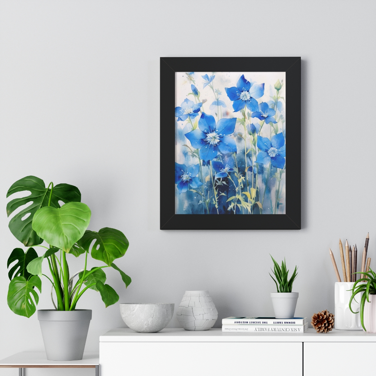 Blue Botanical Wild Flower Wall Art, Watercolor Print | Framed Vertical Poster