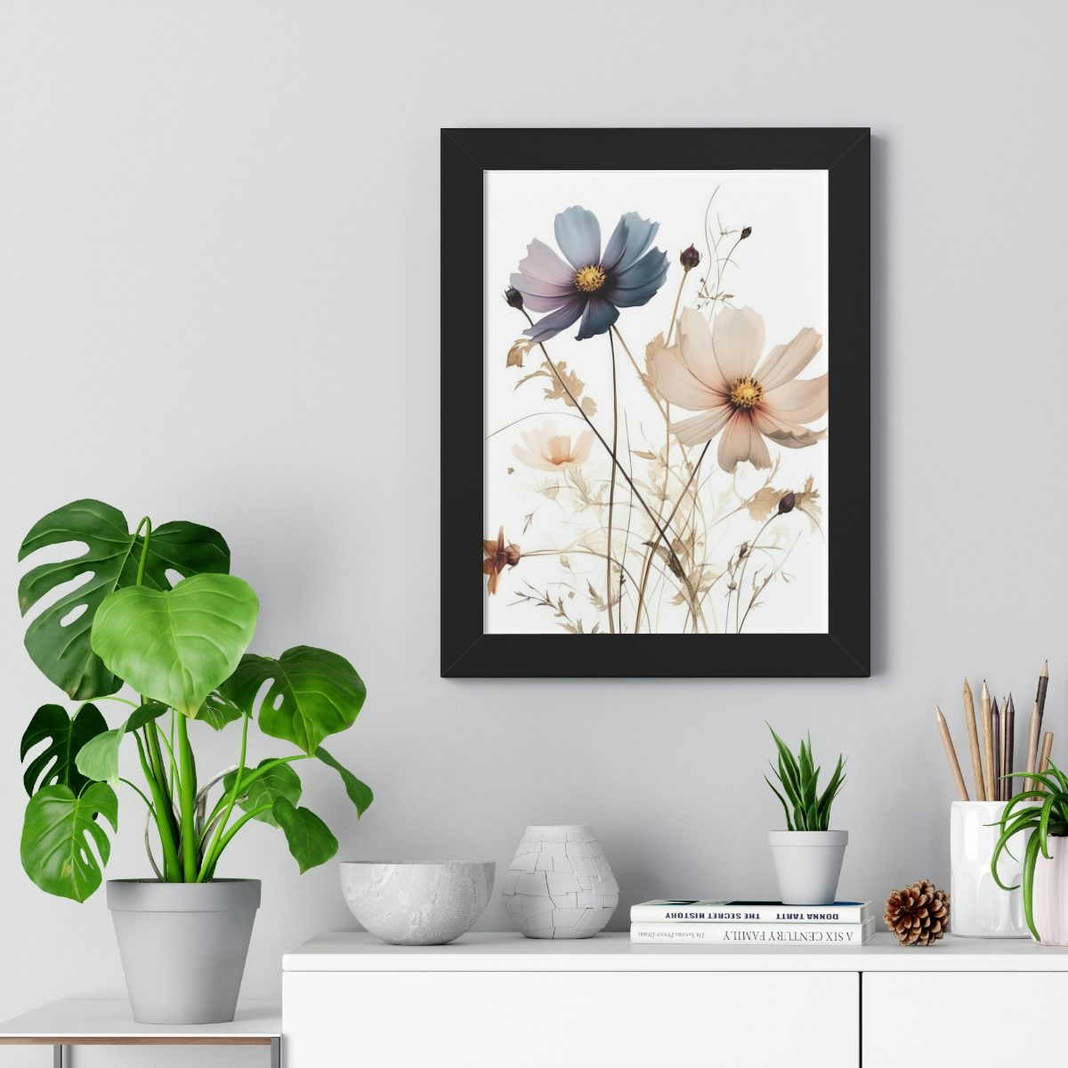 Wild Flower Framed Print | Flowermarket Watercolor Neutral Subdued Botanical Wall Art | Artful Dainty Wild Cosmos Flowers