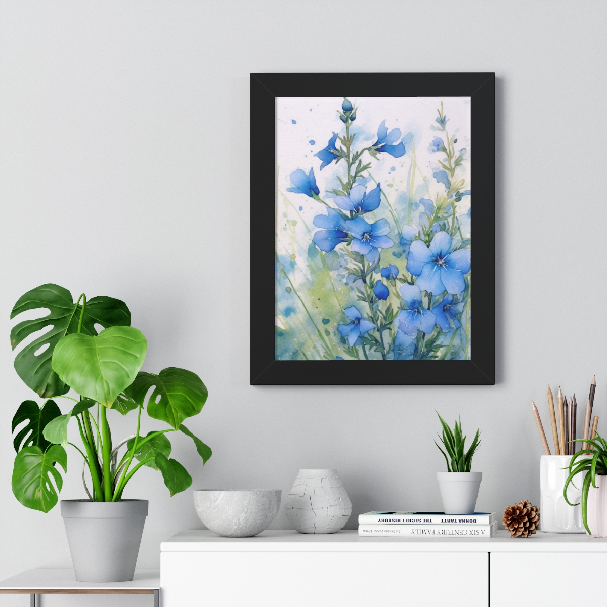 Blue Botanical Wild Flower Wall Art, Watercolor Print | Framed Vertical Poster