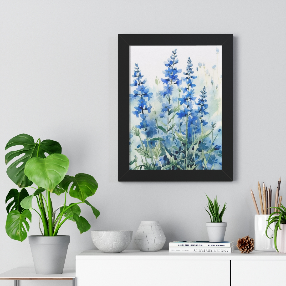 Blue Botanical Wild Flower Wall Art, Watercolor Print | Framed Vertical Poster