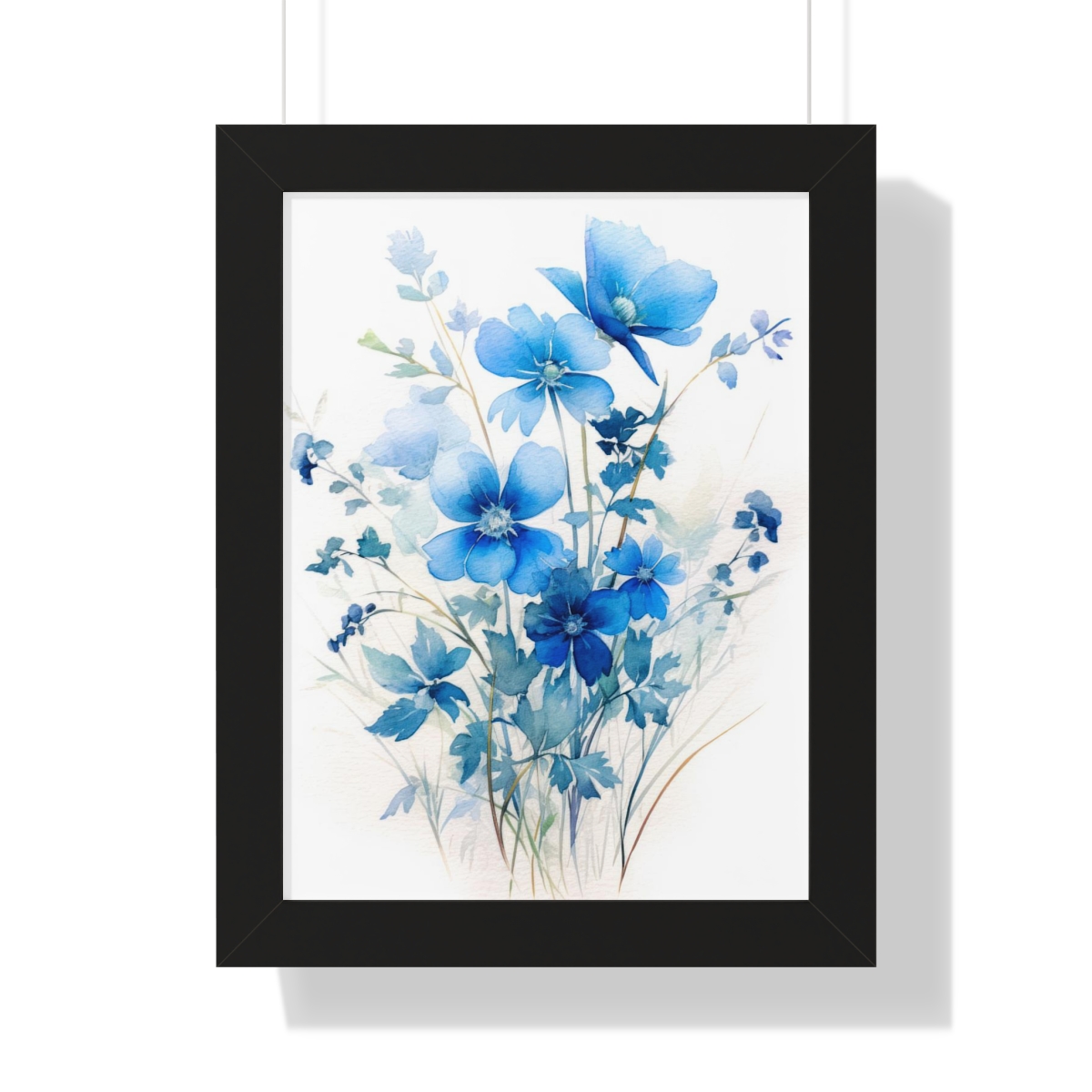 Blue Botanical Wild Flower Wall Art, Watercolor Print, Isolated | Framed Vertical Poster