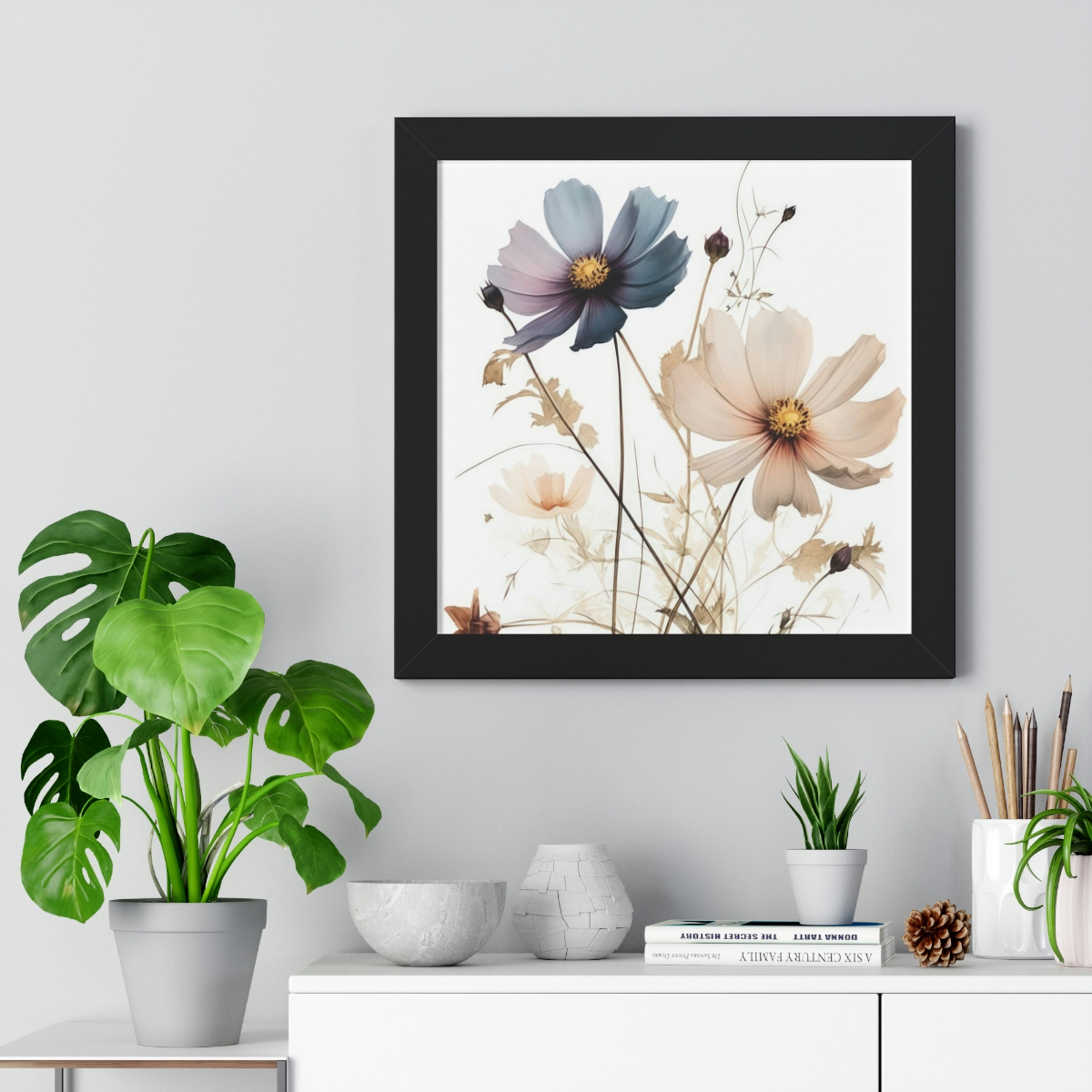 Wild Flower Framed Print | Flowermarket Watercolor Neutral Subdued Botanical Wall Art | Artful Dainty Wild Cosmos Flowers