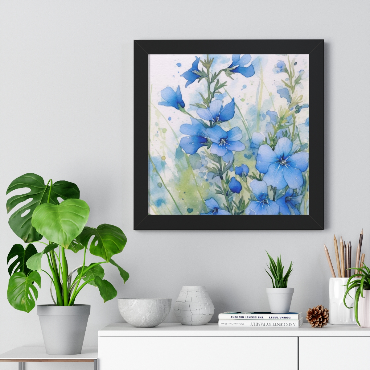 Blue Botanical Wild Flower Wall Art, Watercolor Print | Framed Vertical Poster