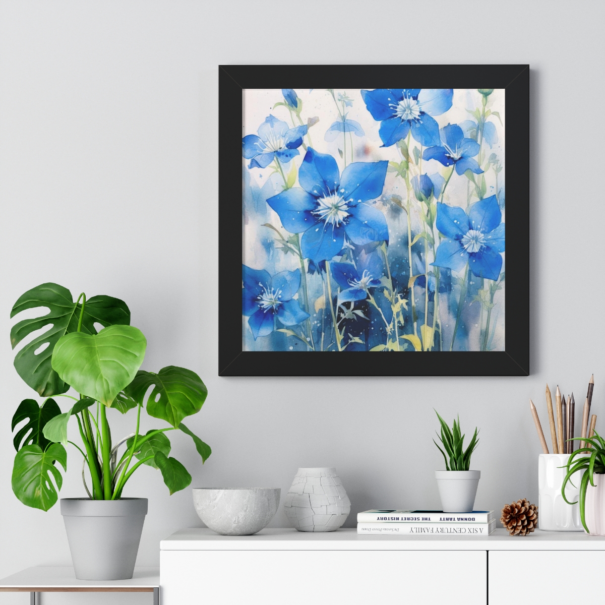 Blue Botanical Wild Flower Wall Art, Watercolor Print | Framed Vertical Poster