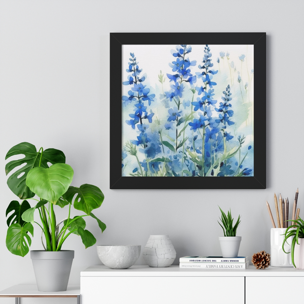 Blue Botanical Wild Flower Wall Art, Watercolor Print | Framed Vertical Poster