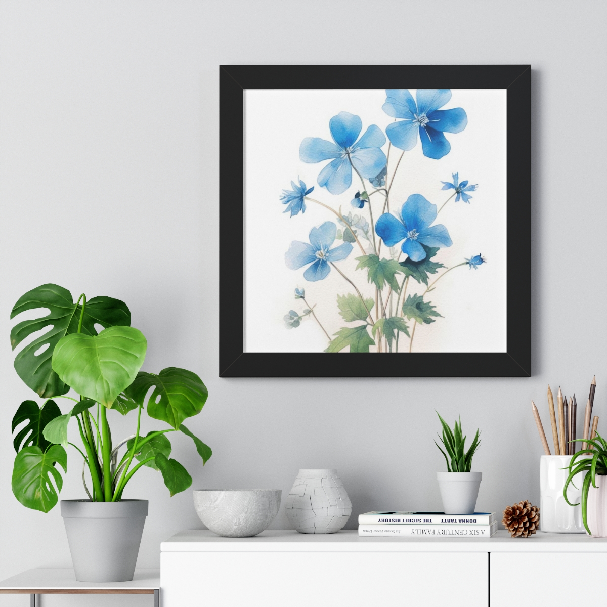 Blue Botanical Wild Flower Wall Art, Watercolor Print, Isolated | Framed Vertical Poster