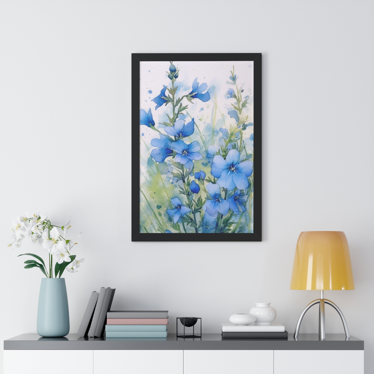 Blue Botanical Wild Flower Wall Art, Watercolor Print | Framed Vertical Poster