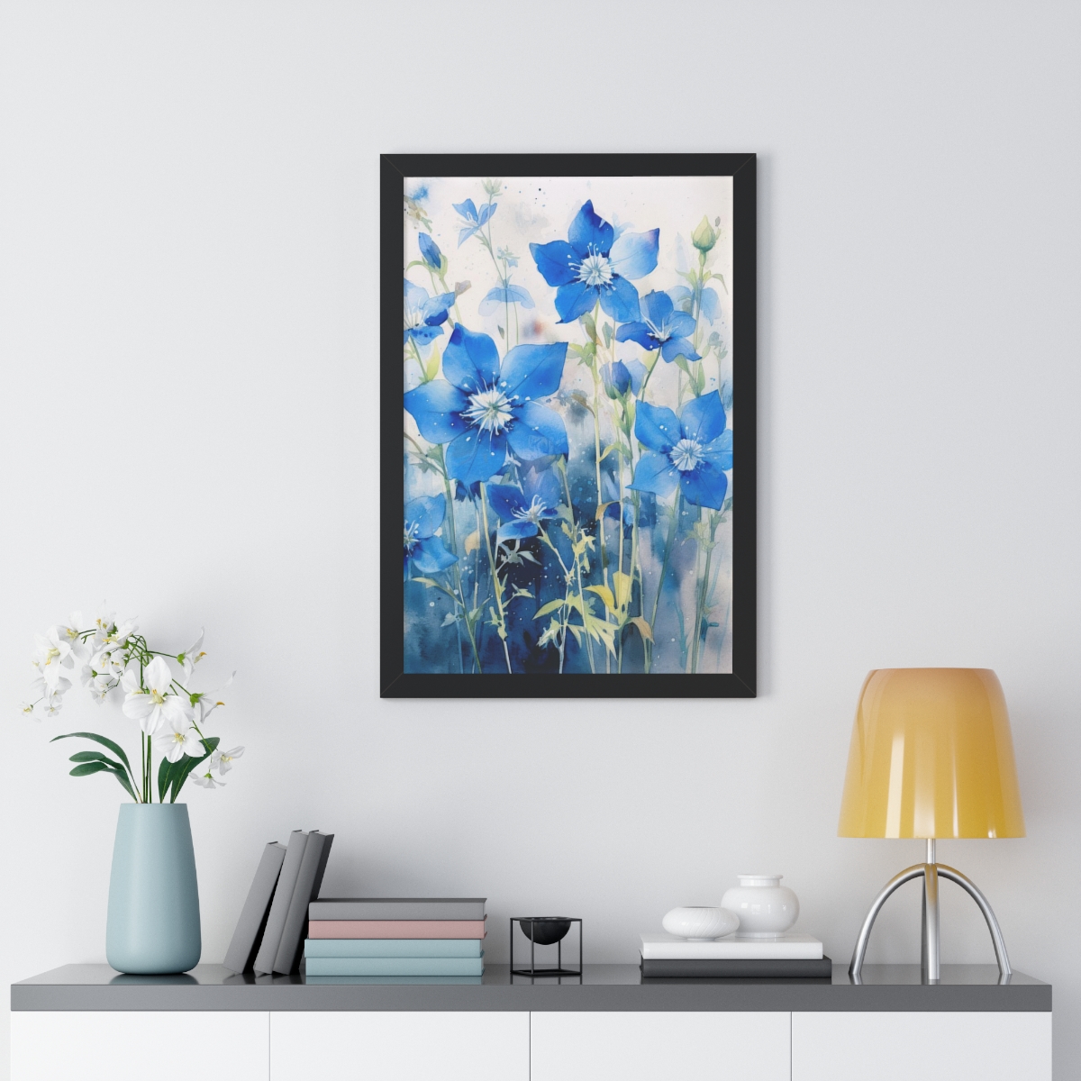 Blue Botanical Wild Flower Wall Art, Watercolor Print | Framed Vertical Poster