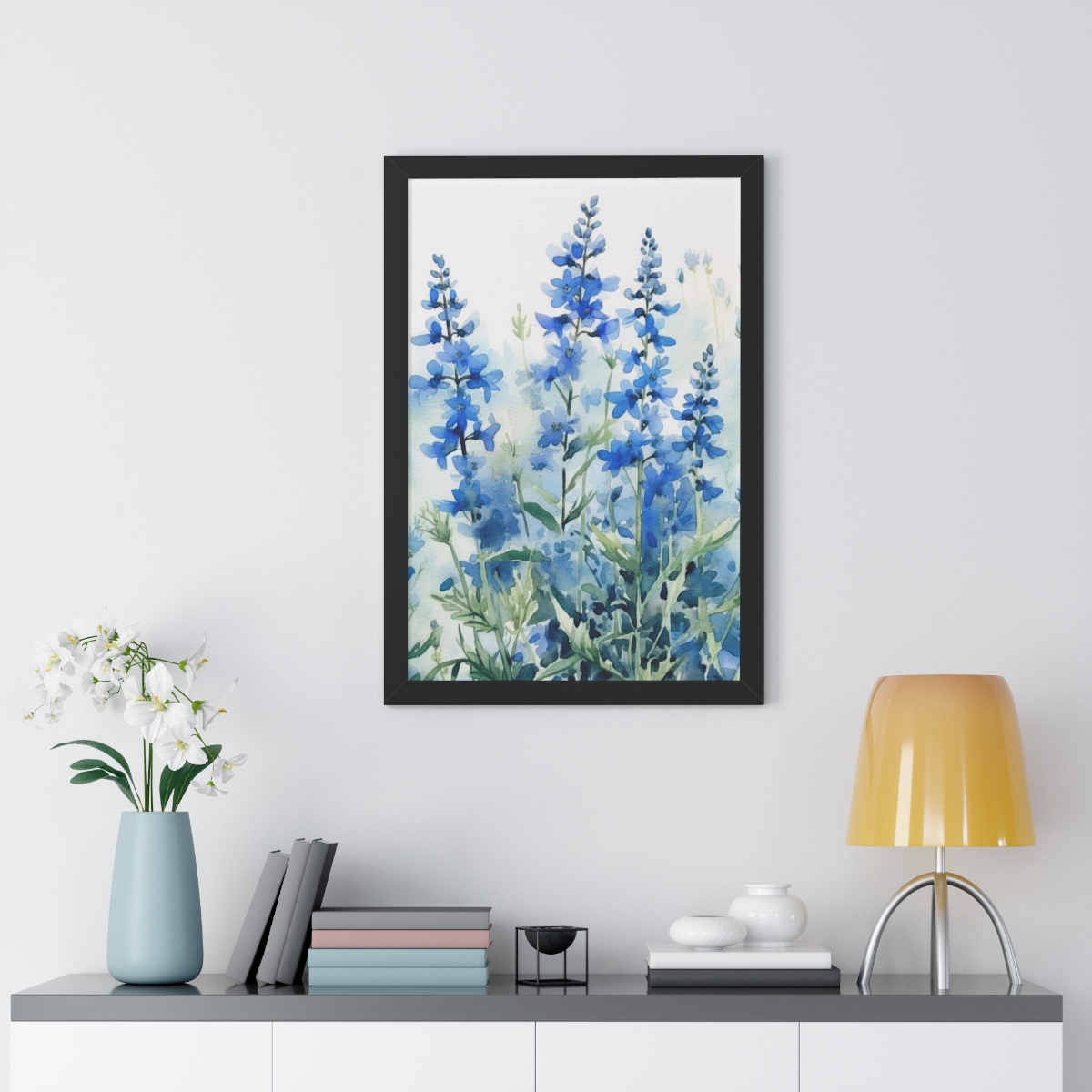 Blue Botanical Wild Flower Wall Art, Watercolor Print | Framed Vertical Poster