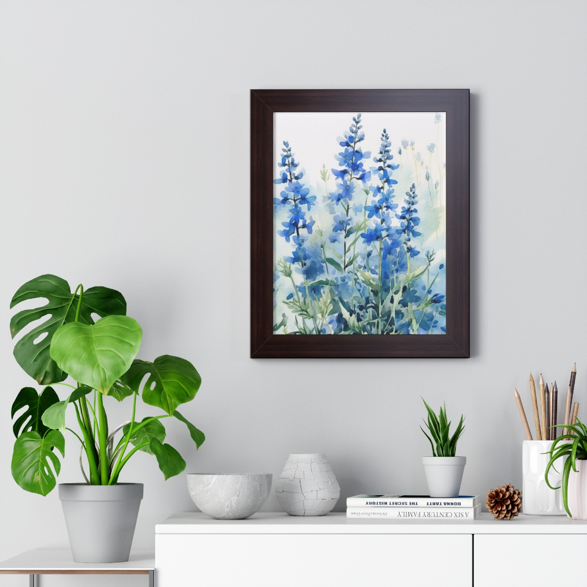 Blue Botanical Wild Flower Wall Art, Watercolor Print | Framed Vertical Poster