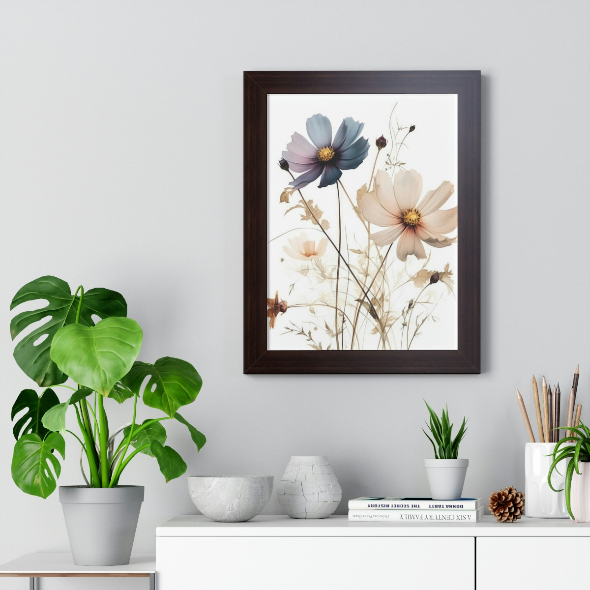 Wild Flower Framed Print | Flowermarket Watercolor Neutral Subdued Botanical Wall Art | Artful Dainty Wild Cosmos Flowers