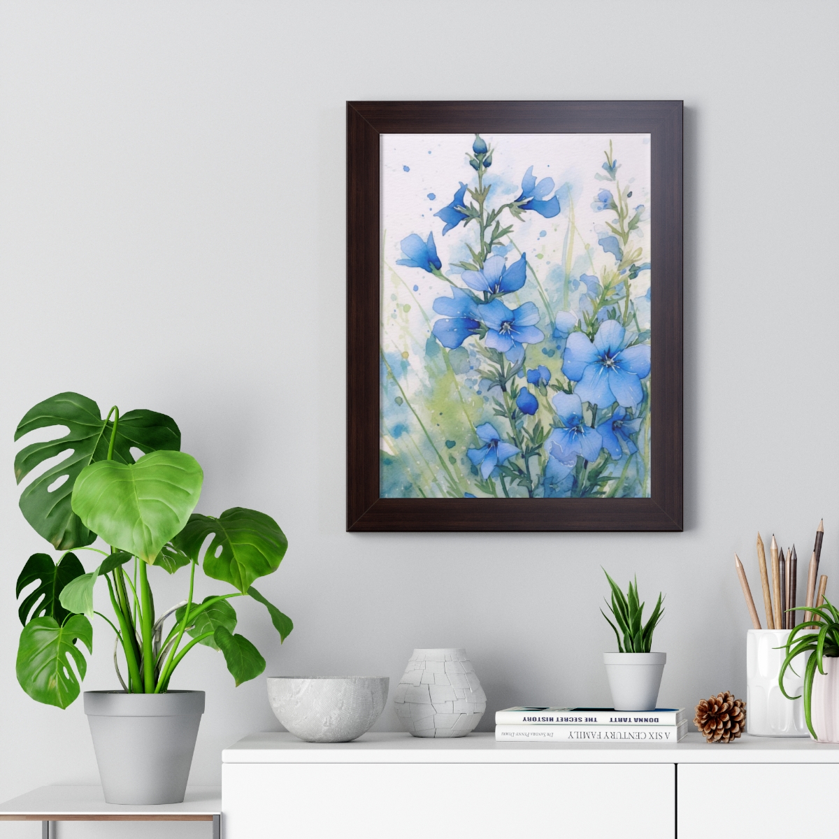 Blue Botanical Wild Flower Wall Art, Watercolor Print | Framed Vertical Poster