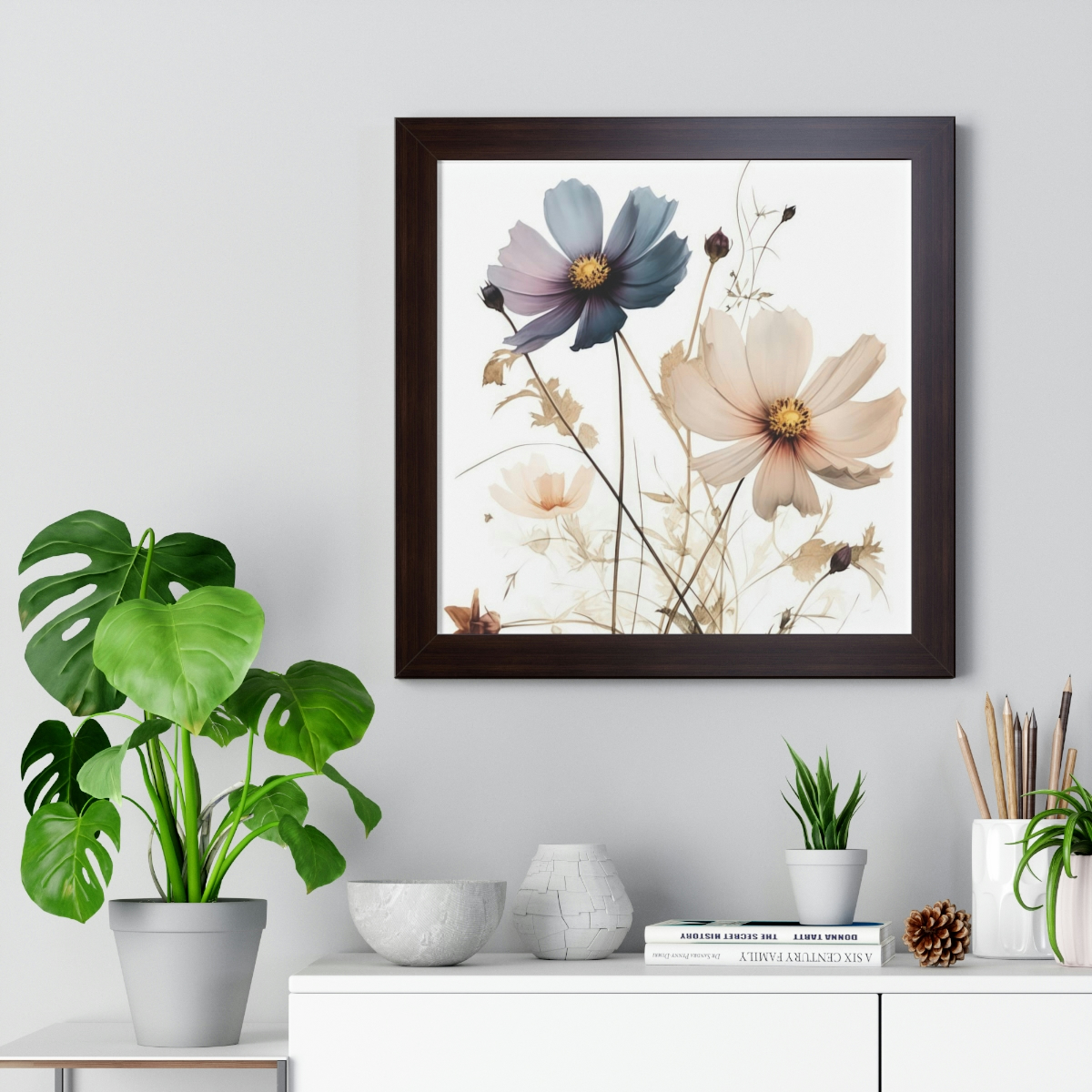 Wild Flower Framed Print | Flowermarket Watercolor Neutral Subdued Botanical Wall Art | Artful Dainty Wild Cosmos Flowers