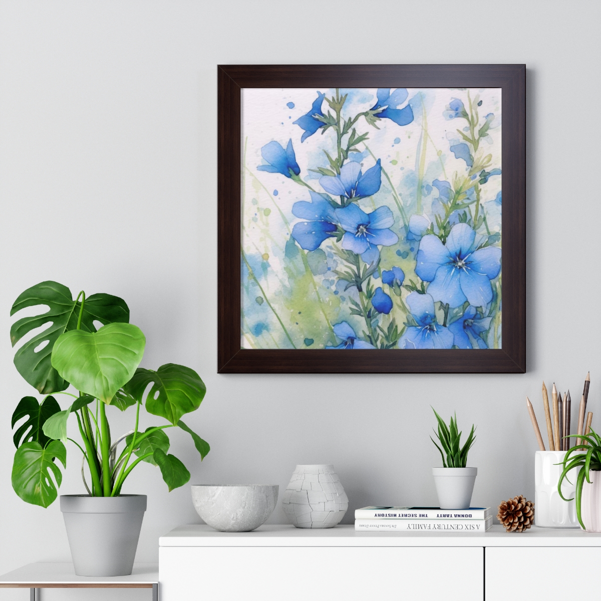 Blue Botanical Wild Flower Wall Art, Watercolor Print | Framed Vertical Poster