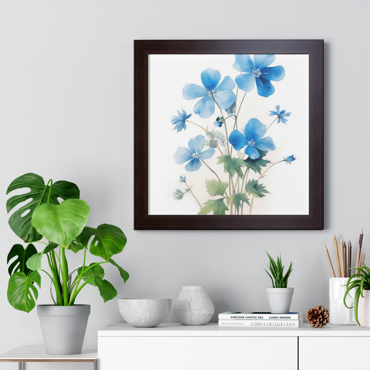 Blue Botanical Wild Flower Wall Art, Watercolor Print, Isolated | Framed Vertical Poster