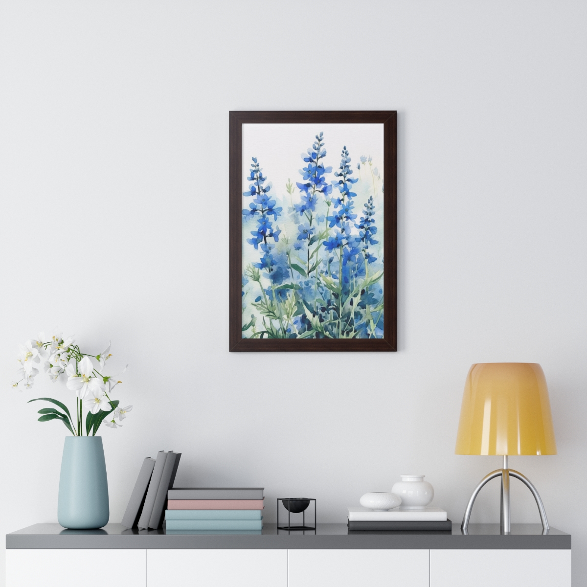Blue Botanical Wild Flower Wall Art, Watercolor Print | Framed Vertical Poster