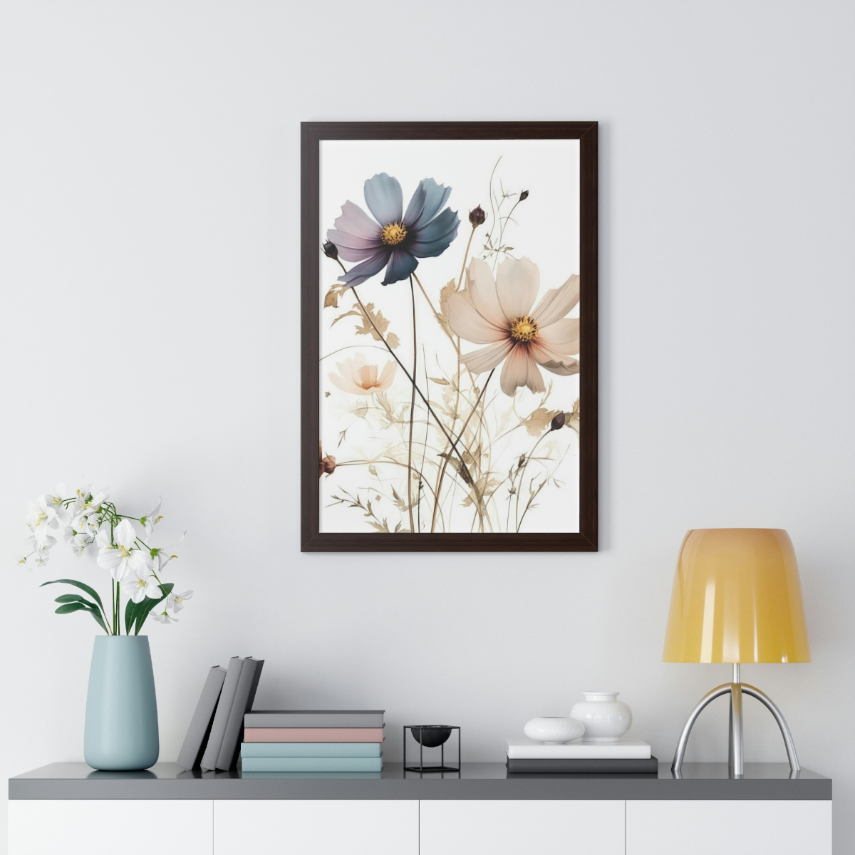 Wild Flower Framed Print | Flowermarket Watercolor Neutral Subdued Botanical Wall Art | Artful Dainty Wild Cosmos Flowers
