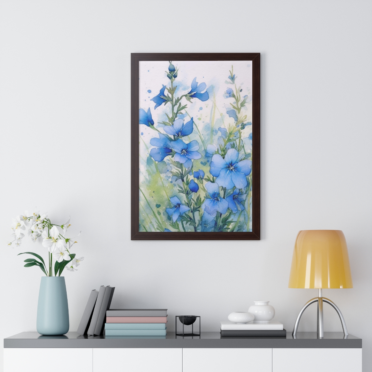 Blue Botanical Wild Flower Wall Art, Watercolor Print | Framed Vertical Poster