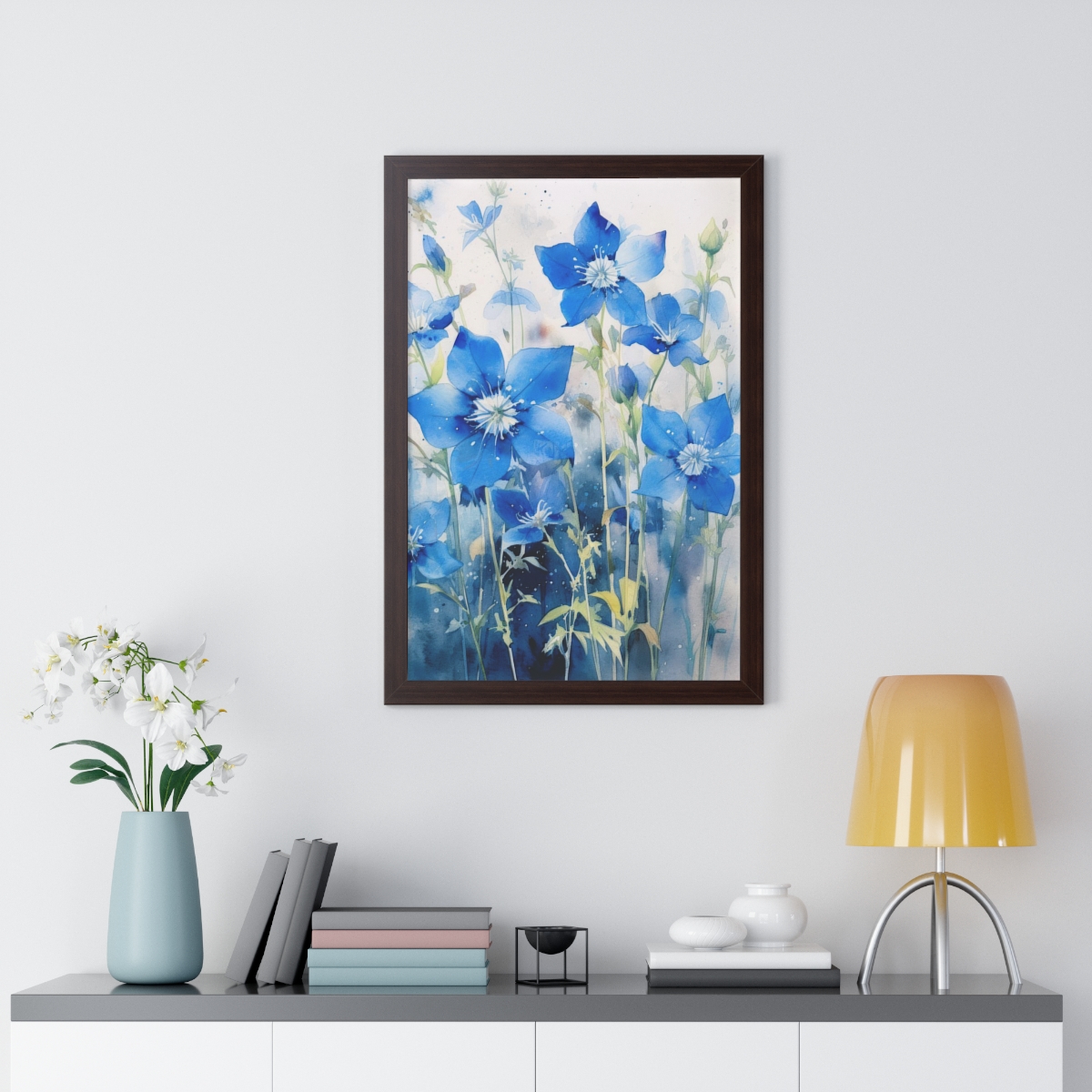 Blue Botanical Wild Flower Wall Art, Watercolor Print | Framed Vertical Poster
