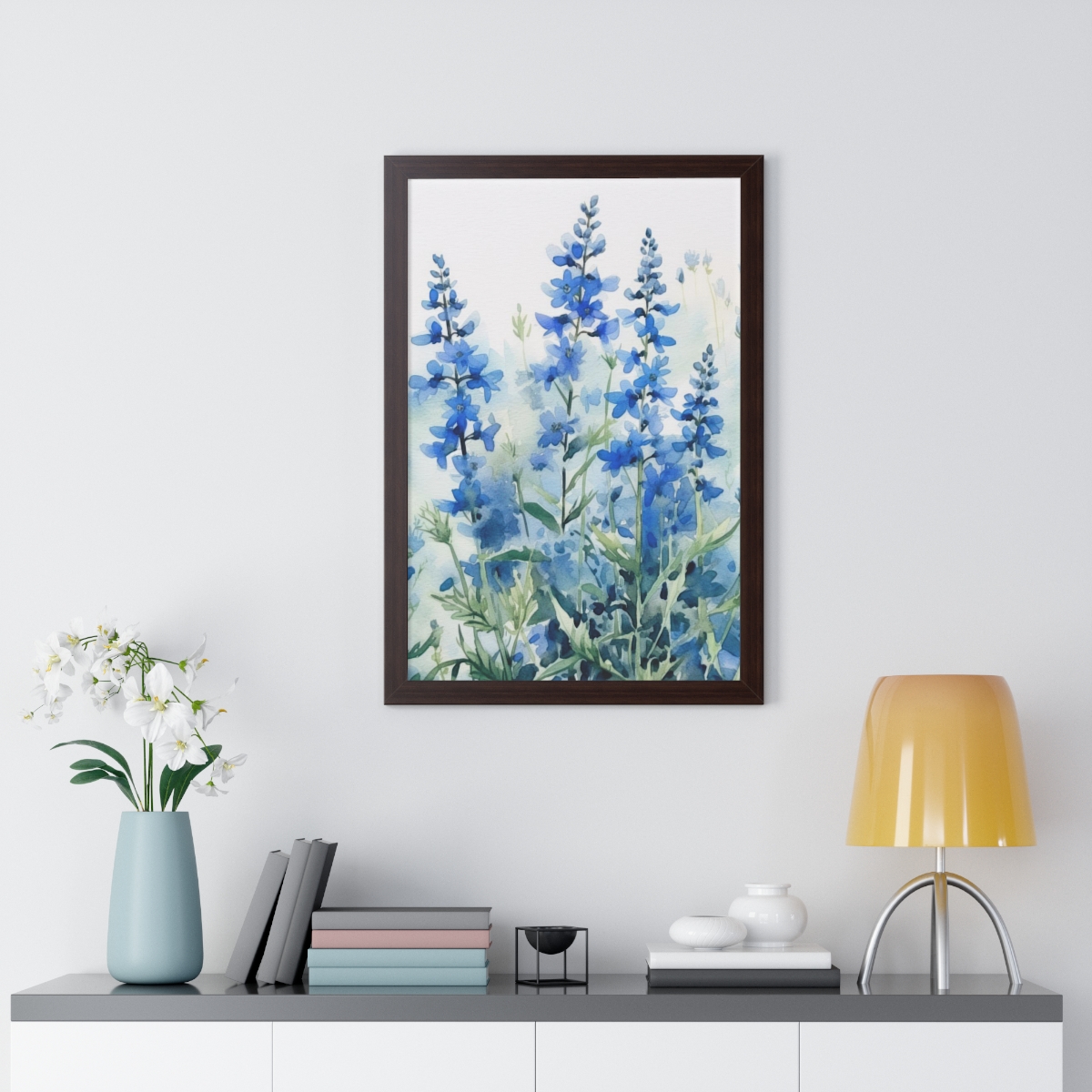 Blue Botanical Wild Flower Wall Art, Watercolor Print | Framed Vertical Poster