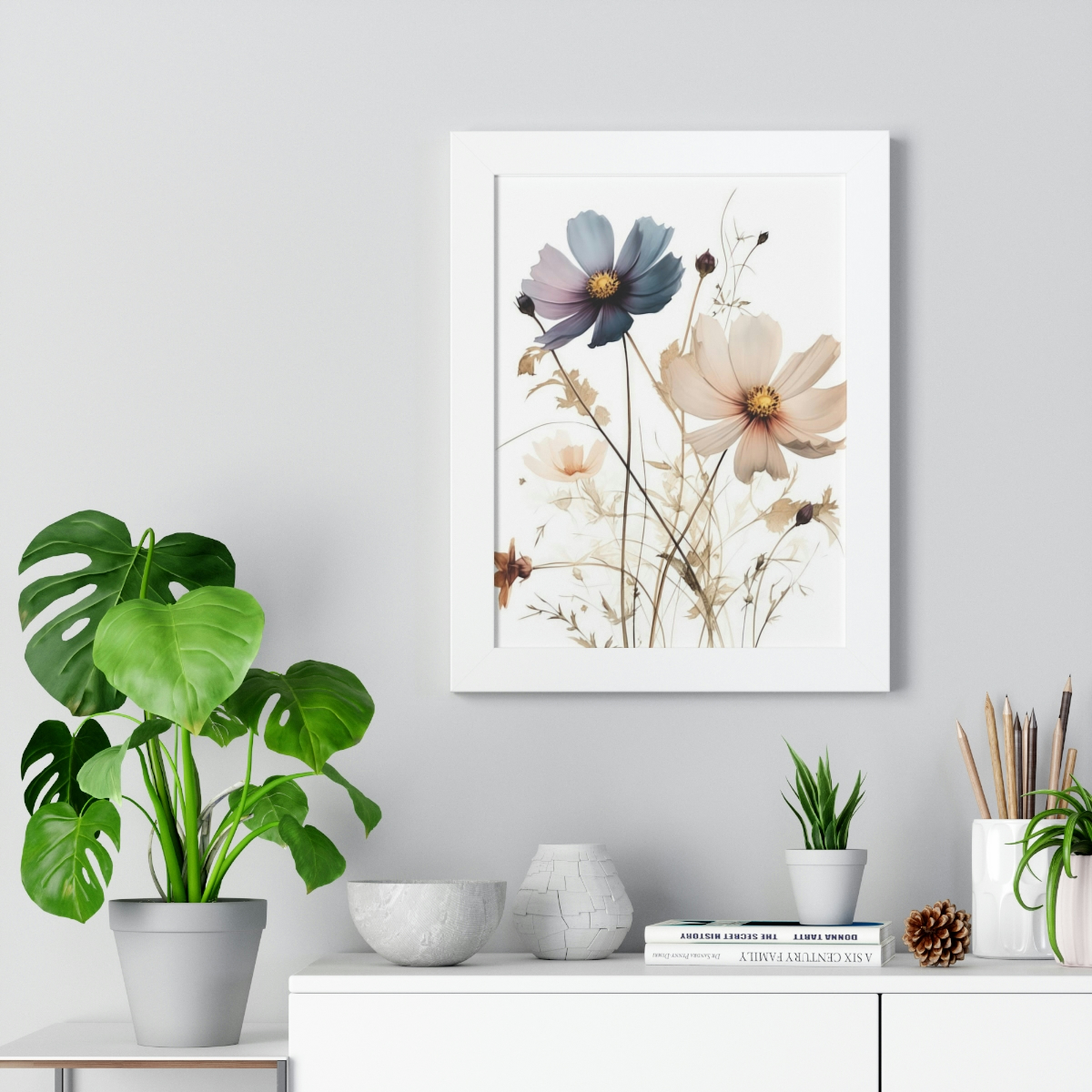 Wild Flower Framed Print | Flowermarket Watercolor Neutral Subdued Botanical Wall Art | Artful Dainty Wild Cosmos Flowers