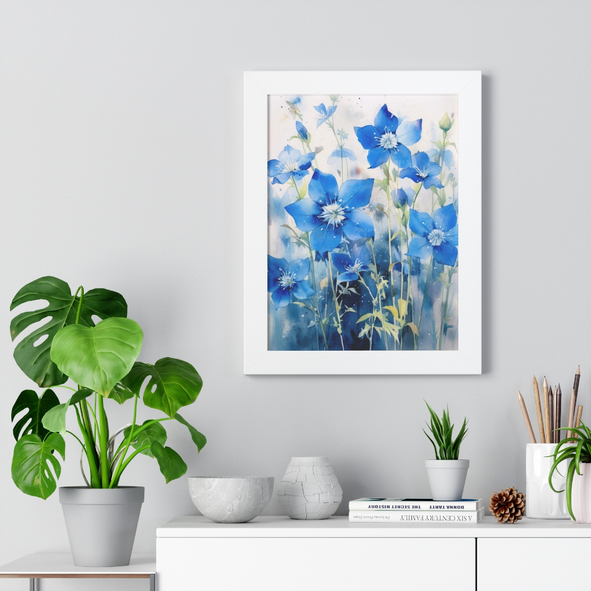 Blue Botanical Wild Flower Wall Art, Watercolor Print | Framed Vertical Poster