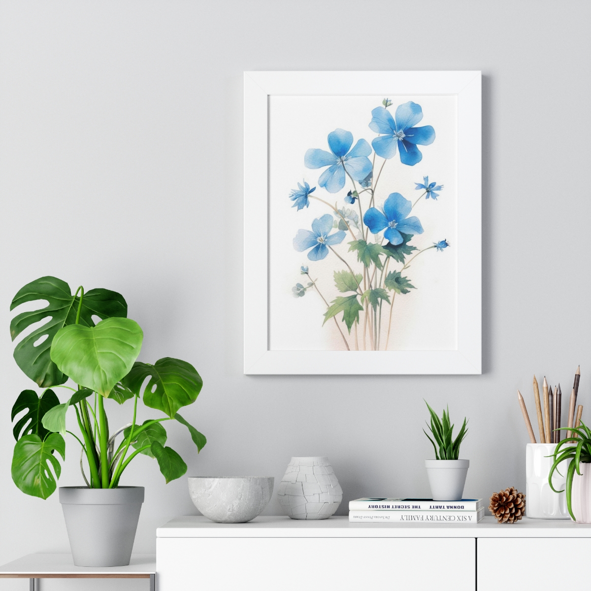 Blue Botanical Wild Flower Wall Art, Watercolor Print, Isolated | Framed Vertical Poster