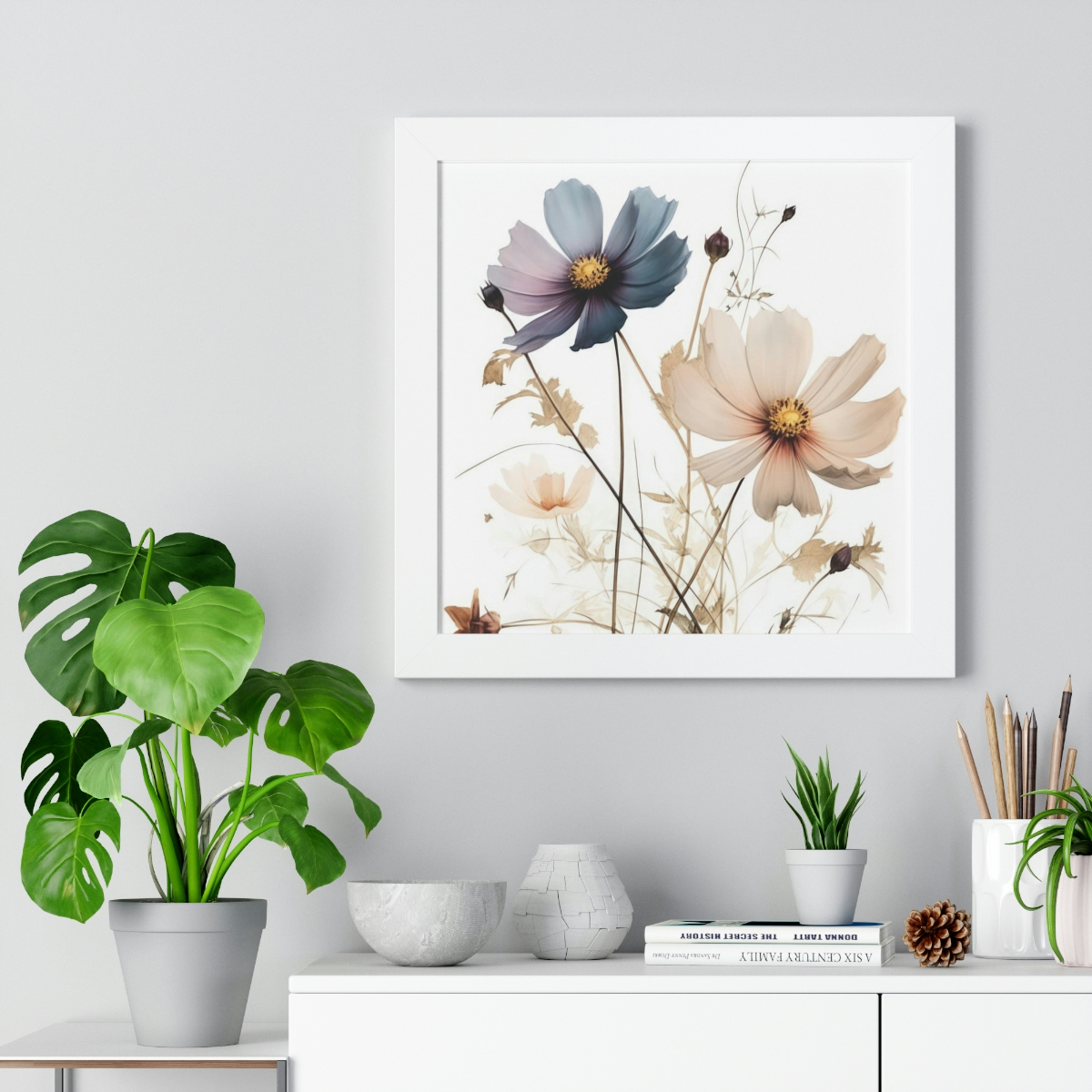 Wild Flower Framed Print | Flowermarket Watercolor Neutral Subdued Botanical Wall Art | Artful Dainty Wild Cosmos Flowers