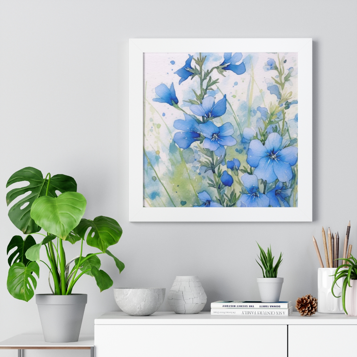 Blue Botanical Wild Flower Wall Art, Watercolor Print | Framed Vertical Poster