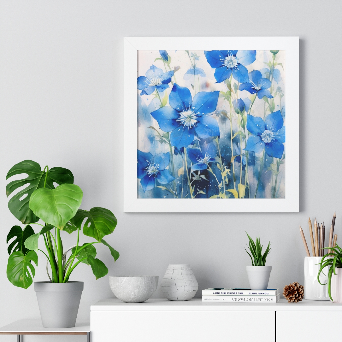 Blue Botanical Wild Flower Wall Art, Watercolor Print | Framed Vertical Poster