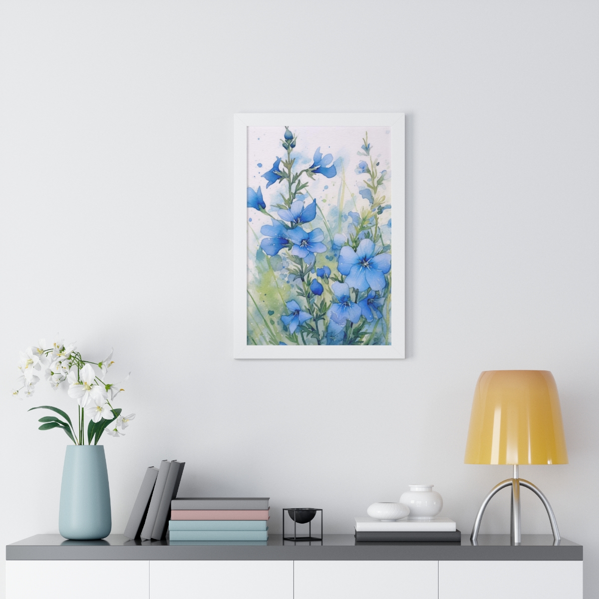 Blue Botanical Wild Flower Wall Art, Watercolor Print | Framed Vertical Poster