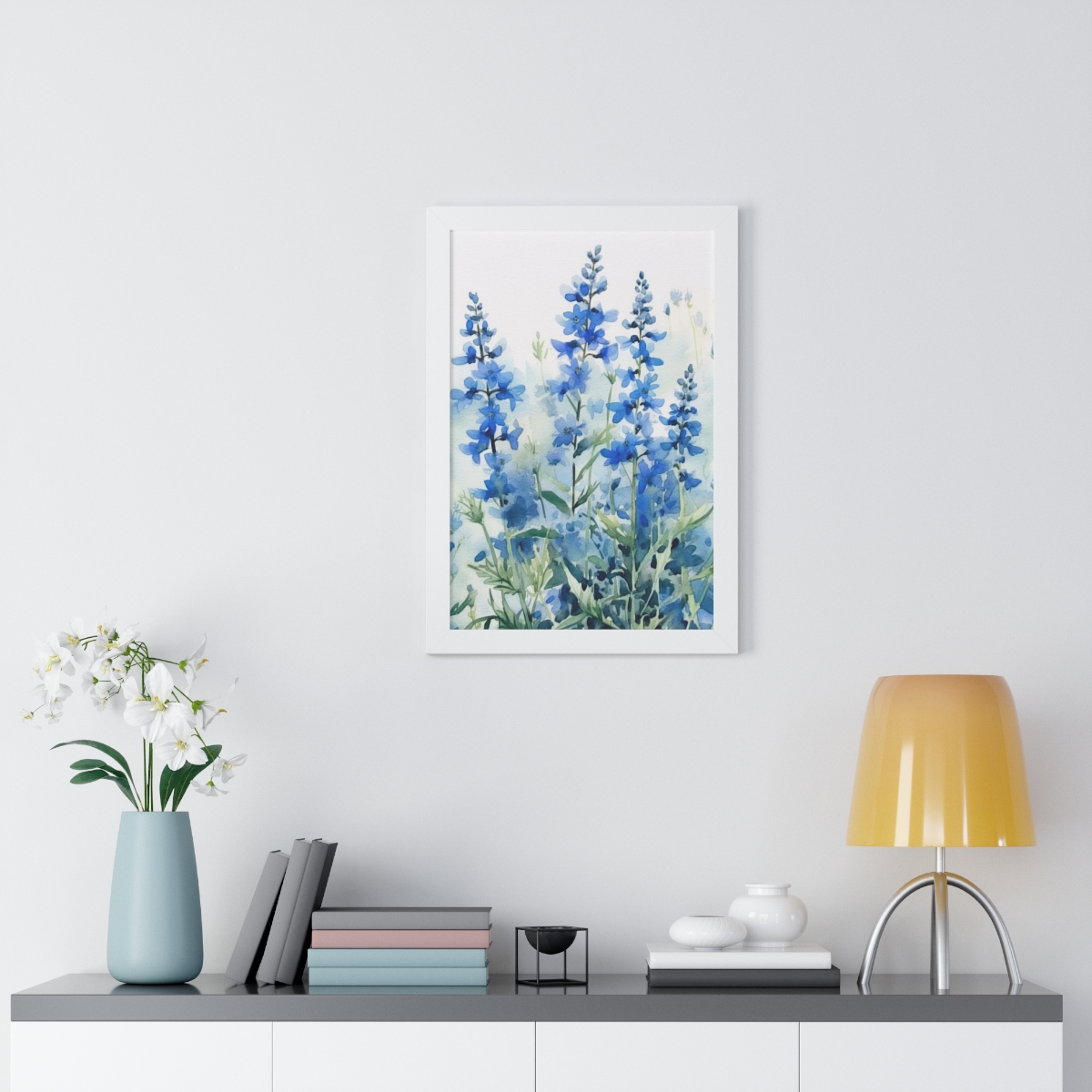 Blue Botanical Wild Flower Wall Art, Watercolor Print | Framed Vertical Poster
