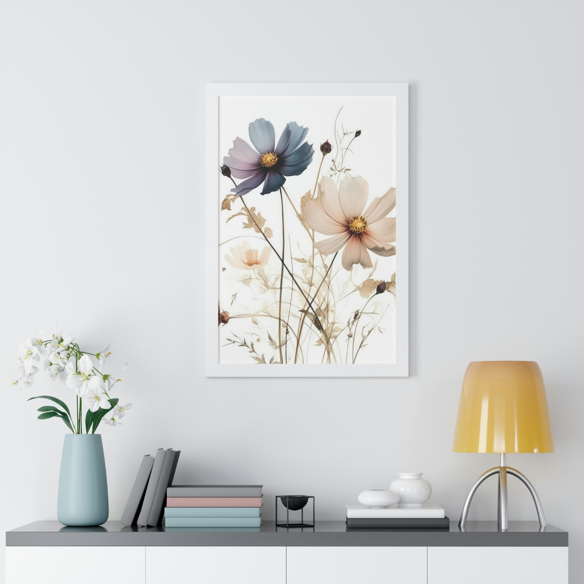 Wild Flower Framed Print | Flowermarket Watercolor Neutral Subdued Botanical Wall Art | Artful Dainty Wild Cosmos Flowers