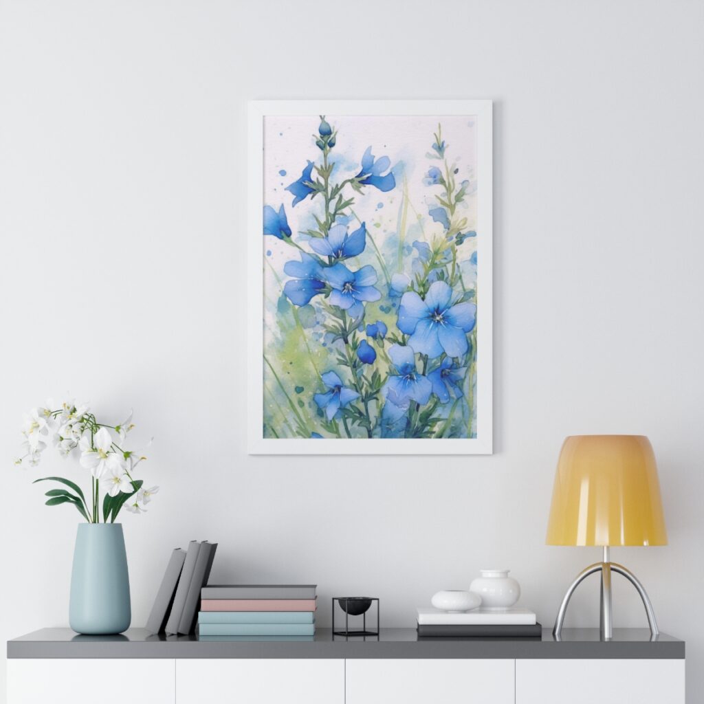 Blue Botanical Wild Flower Wall Art, Watercolor Print | Framed Vertical Poster