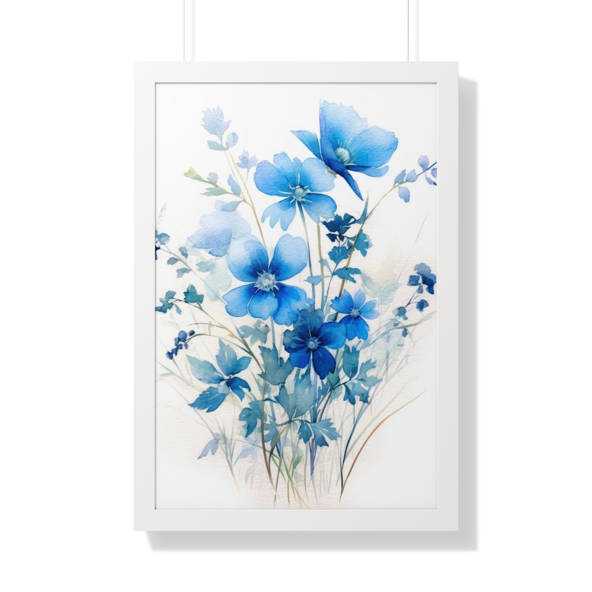 Blue Botanical Wild Flower Wall Art, Watercolor Print, Isolated | Framed Vertical Poster