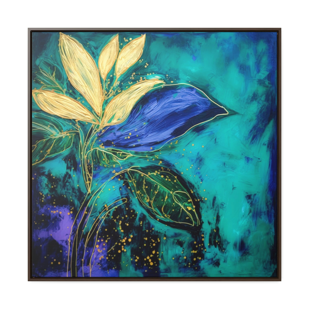 Emerald Green & Purple Abstract Botanical Painting, Heavy Acrylic Texture, Abstract Golden Leaves, Dark and Moody, Framed Gallery Canvas Wraps