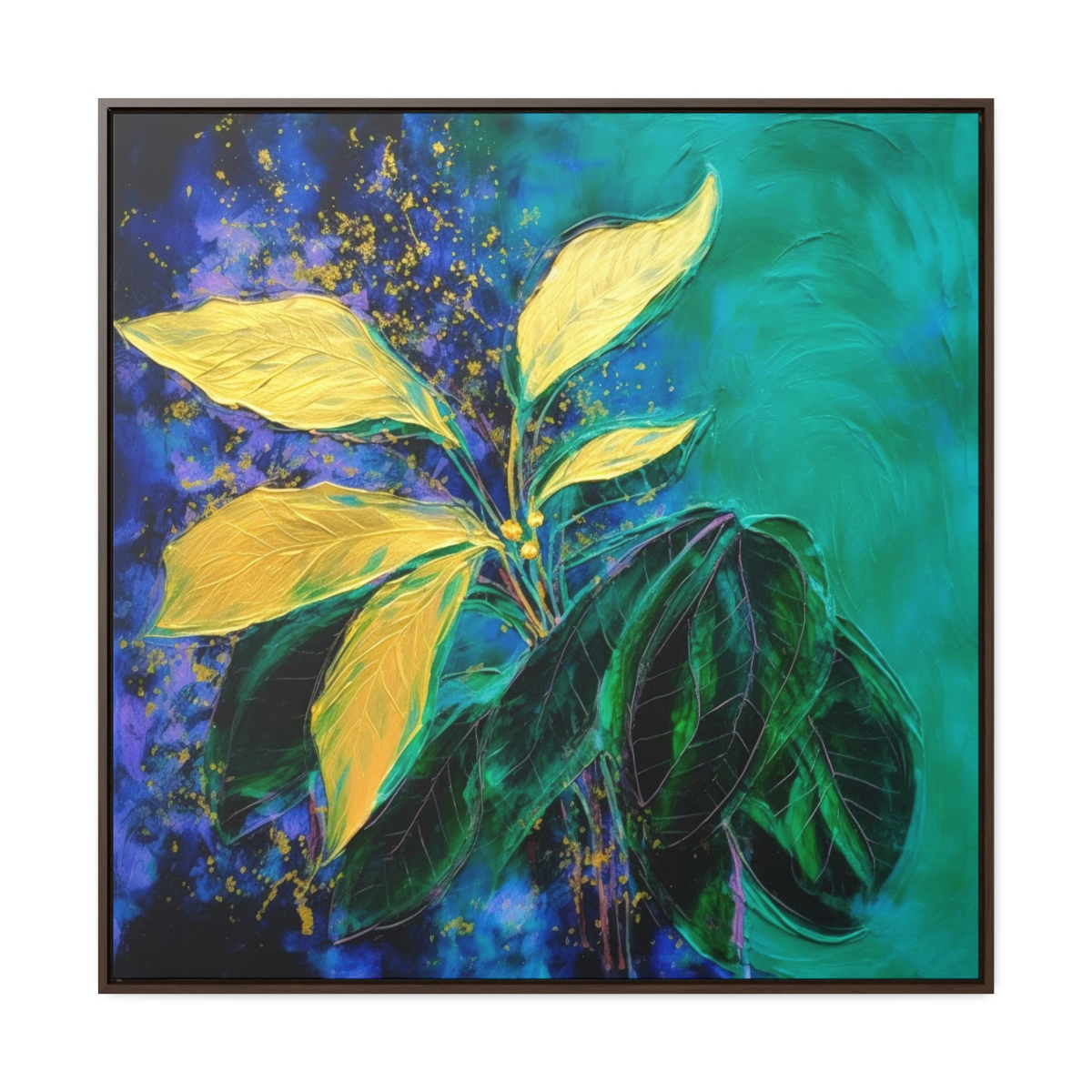 Emerald Green & Purple Abstract Botanical Painting, Heavy Acrylic Texture, Abstract Golden Leaves, Dark and Moody, Framed Gallery Canvas Wraps