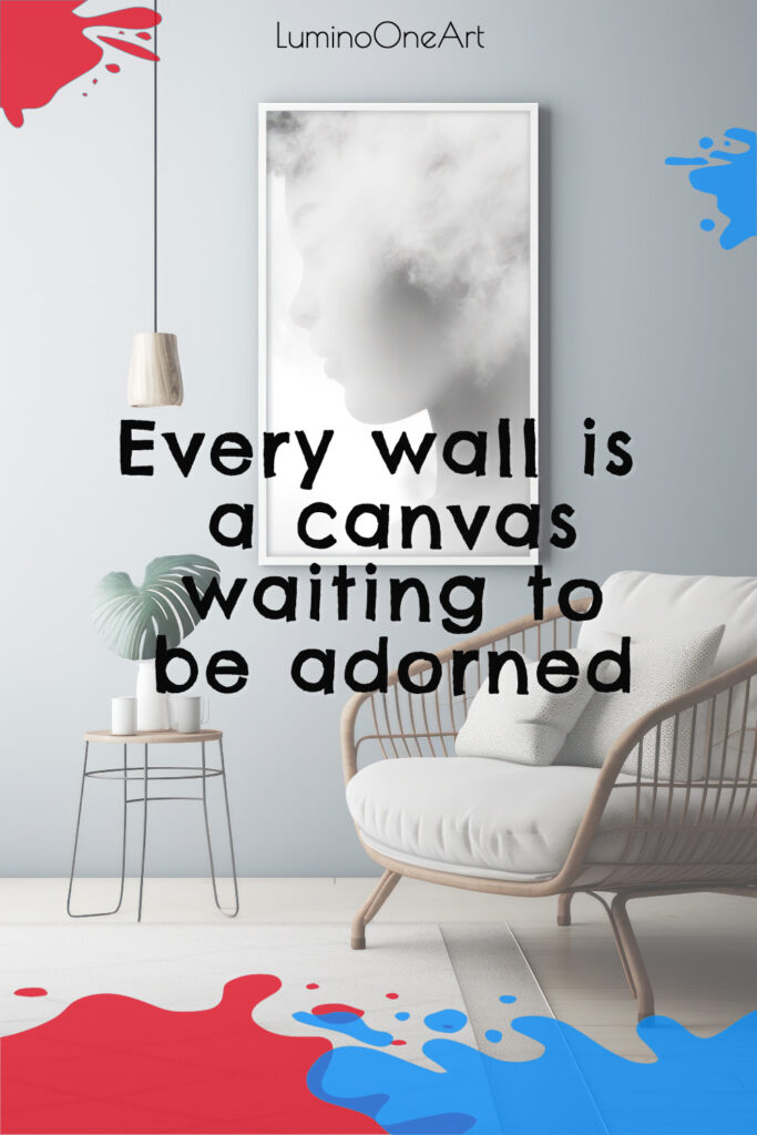 A modern living room interior with a comfortable chair and side table with a plant. A beautiful framed art on the wall. Quote: "Every wall is a canvas waiting to be adorned".