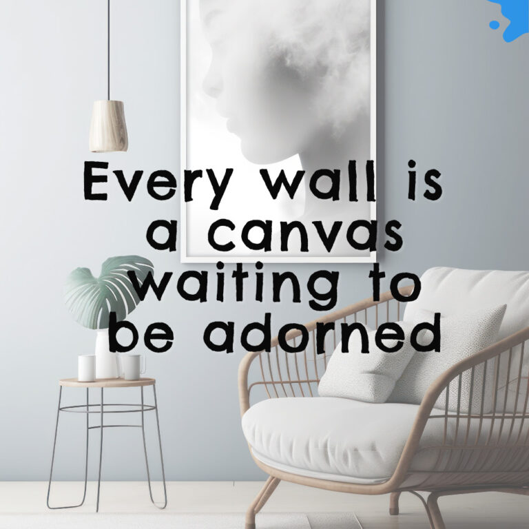 A modern living room interior with a comfortable chair and side table with a plant. A beautiful framed art on the wall. Quote: "Every wall is a canvas waiting to be adorned".