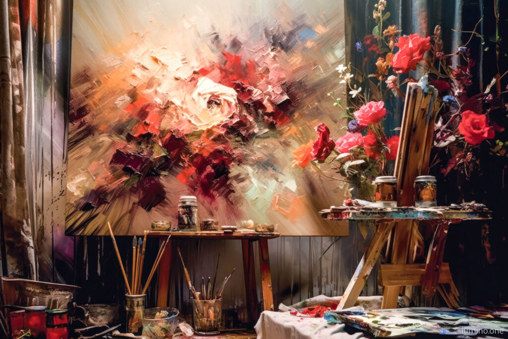 Dreamy artist studio with an easel holding a floral painting