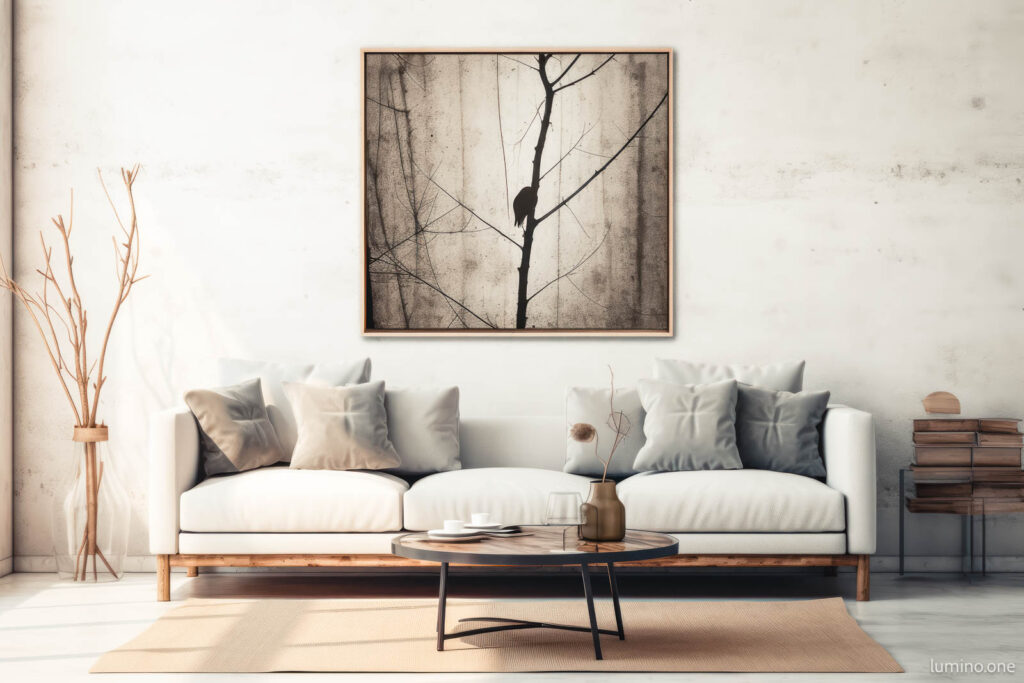 Minimalist wall art in a light modern living room over sofa