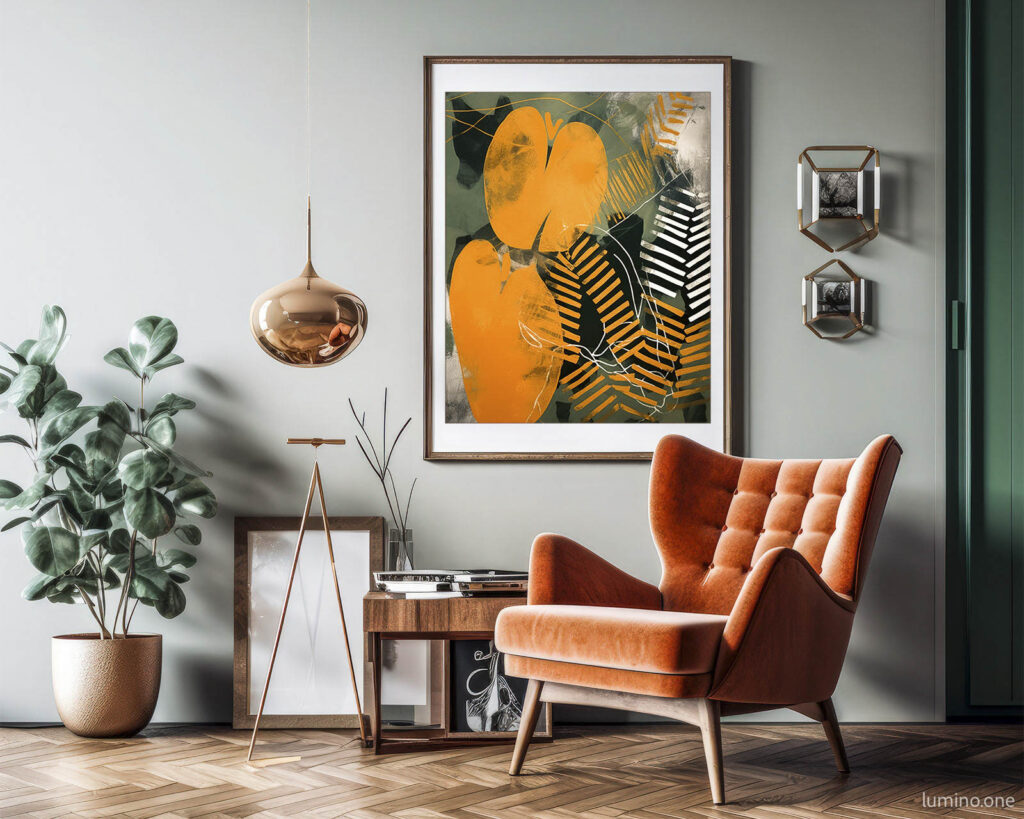 Modern interior in mid century style with burnt orange armchair