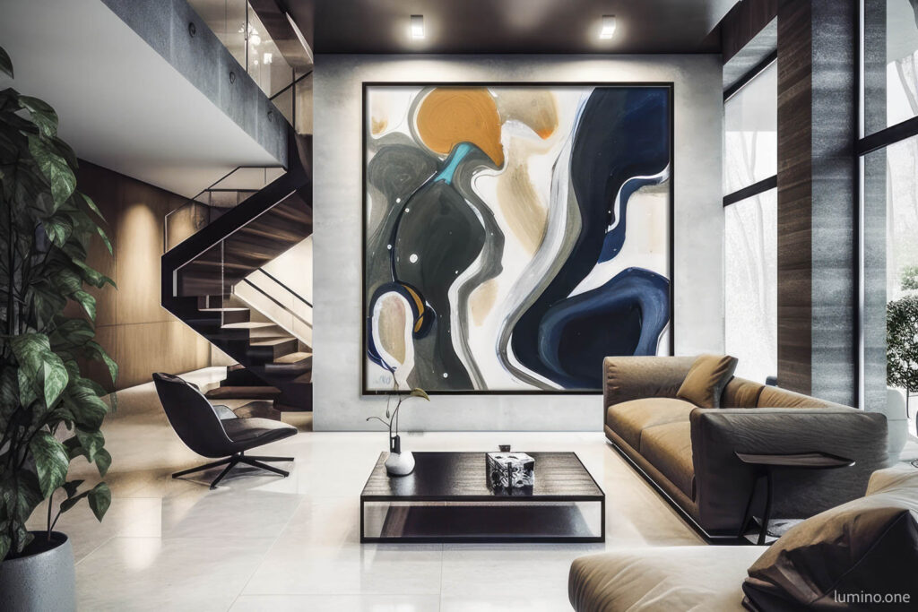 Oversized large square abstract wall art in a modern minimalistic living room