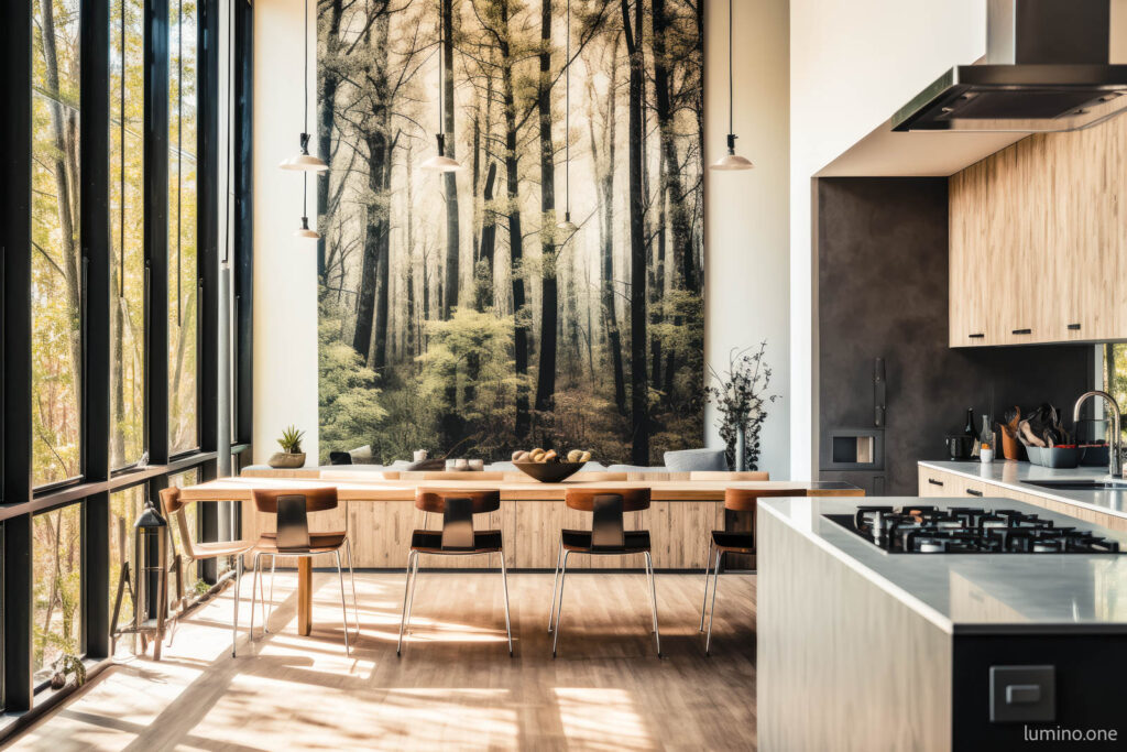 Tall trees vertical wall art in a modern light kitchen