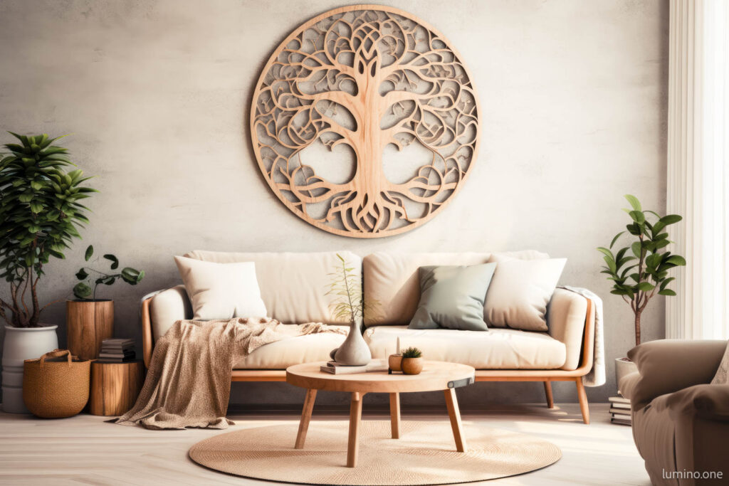 Tree of Life Wood Wall Art over Sofa in a Living Room