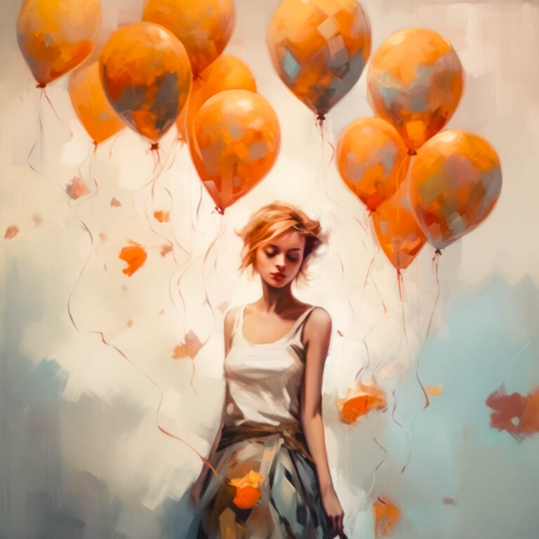 Woman with orange balloons and dreamy clouds in the background